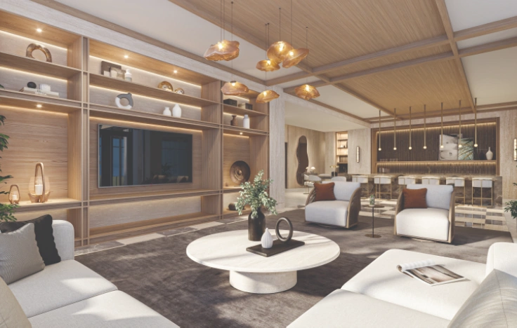 Modern residential clubroom with seating and lighting.