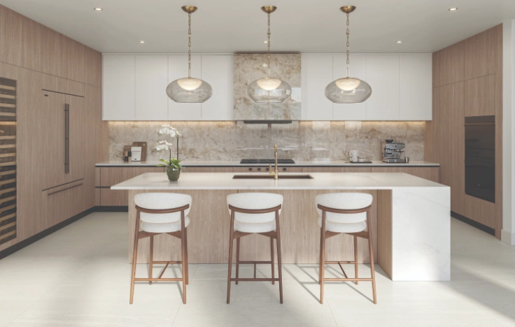 Modern kitchen with island and pendant lighting.