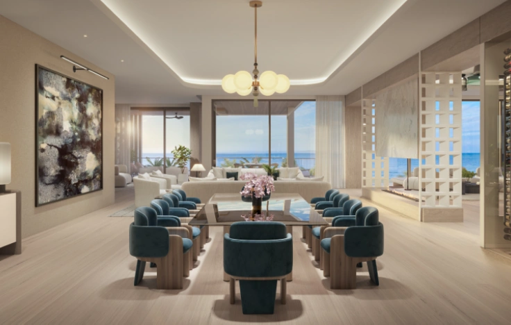 Elegant dining room with ocean-facing windows