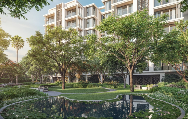 Residential building with landscaped garden view